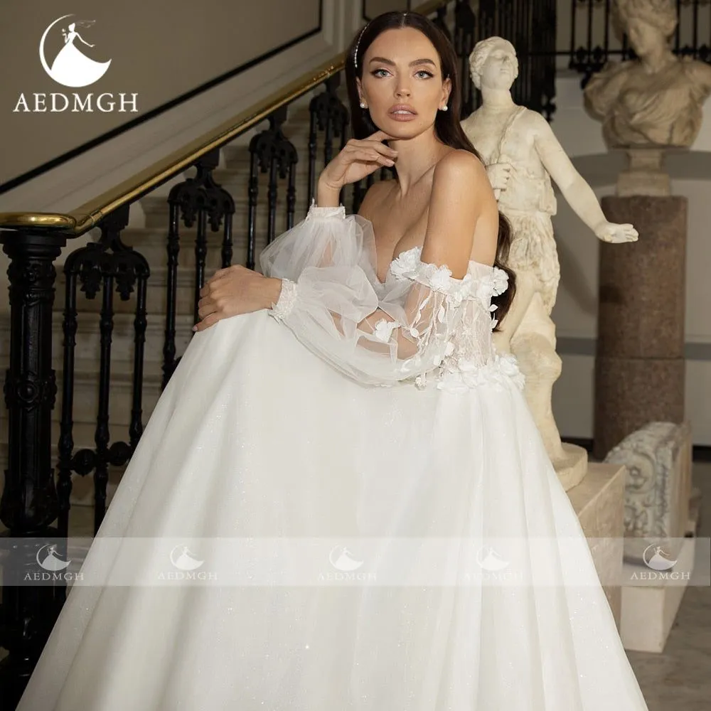 Aisling Strapless Puff Sleeve Romantic Bridal Gown Appliques 3D Flowers Backless A-Line  Court Train