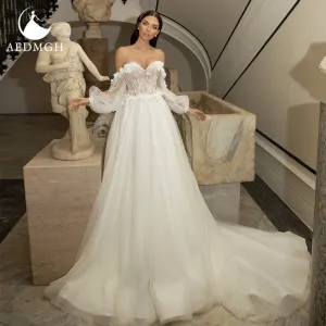 Aisling Strapless Puff Sleeve Romantic Bridal Gown Appliques 3D Flowers Backless A-Line  Court Train