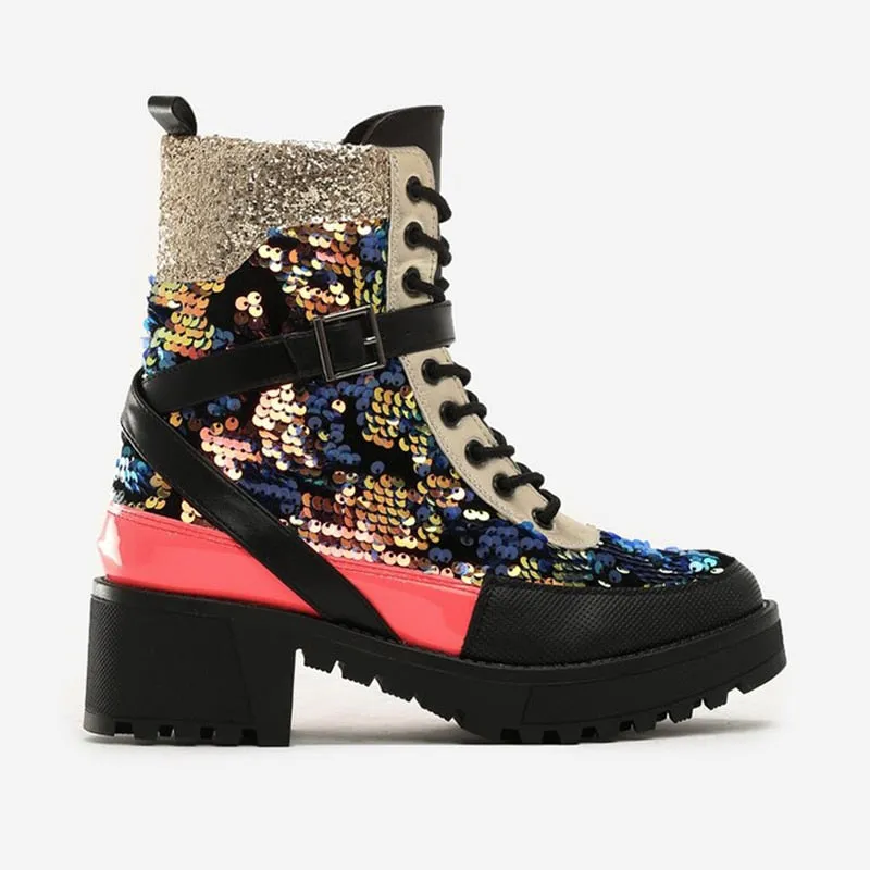 Ashore Shop All Year New Women's Motorcycle Sequins Ankle Boots