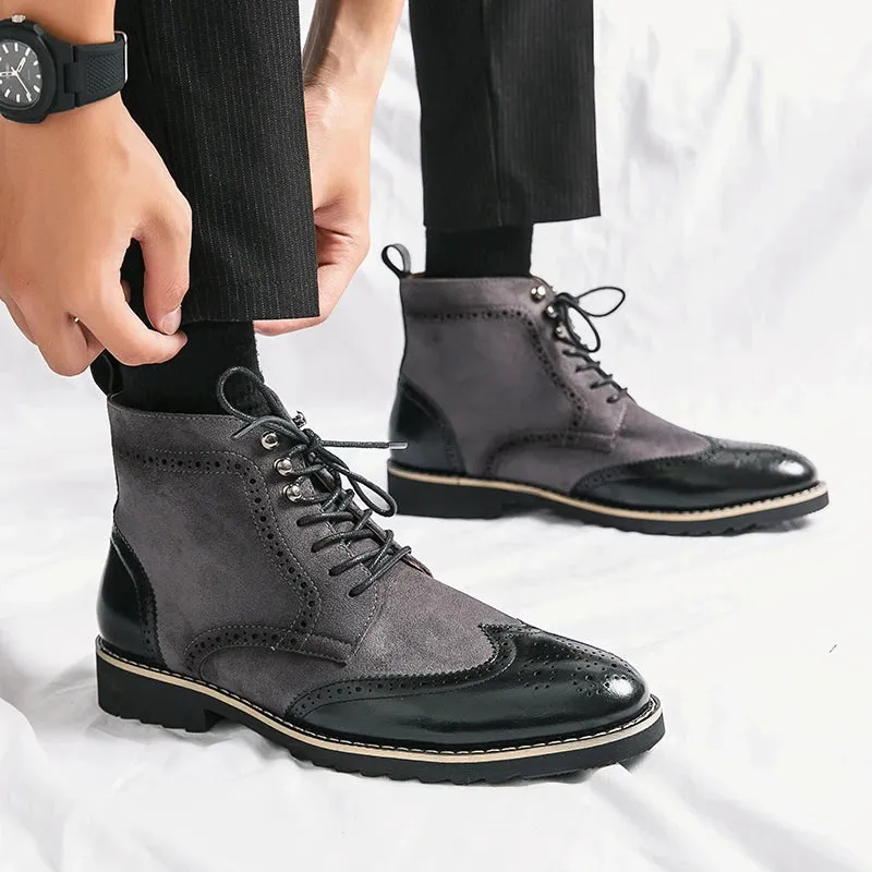 Ashore Shop New Men's Retro Boots Brown Flock Lace-up Shoes