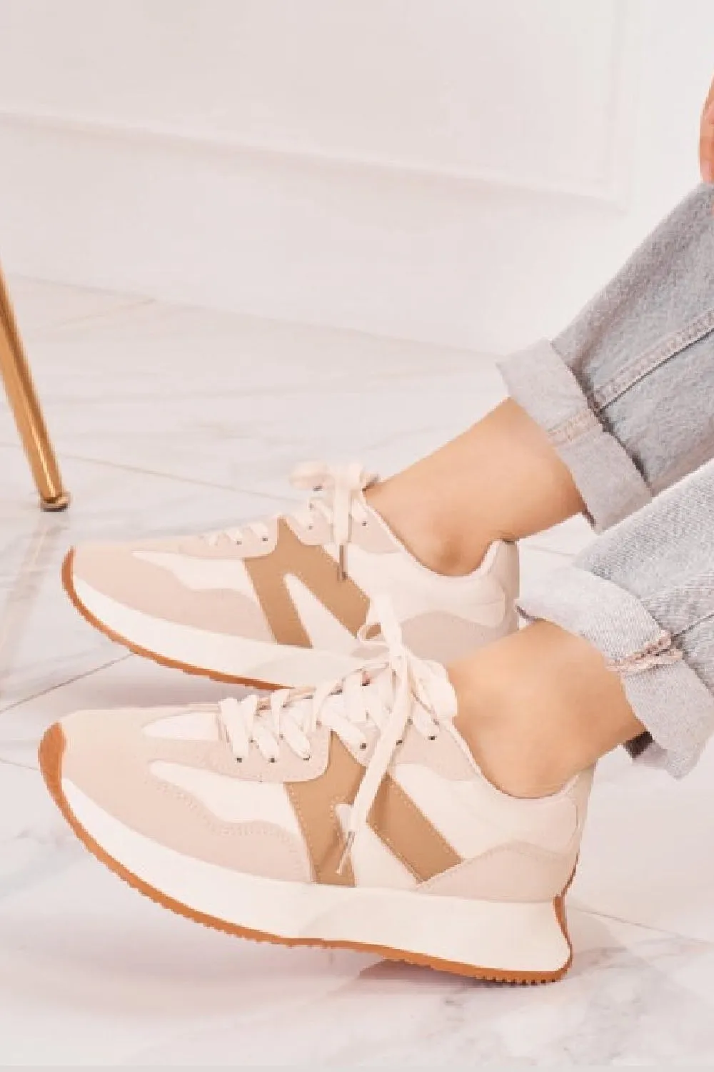 BEIGE LACE UP SIDE DETAIL FASHION DESIGNER TRAINERS