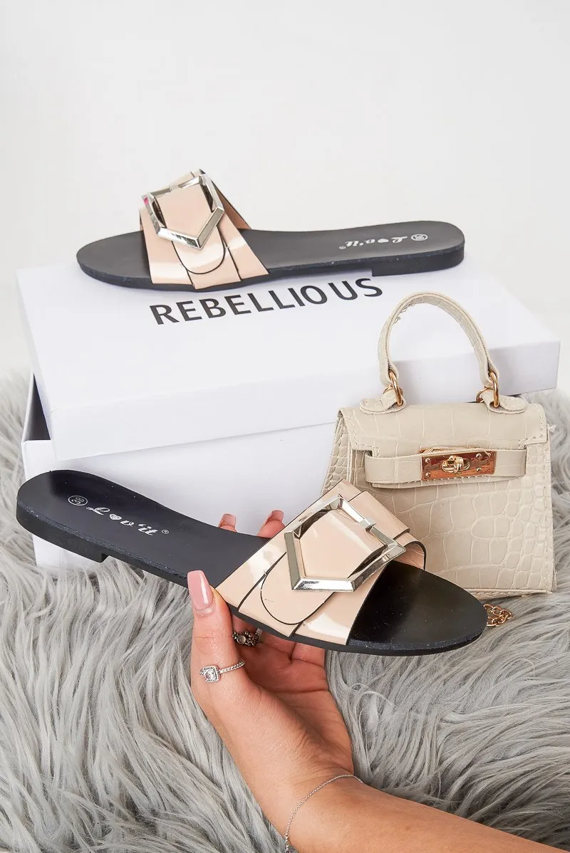 Beige Patent Buckle Front Slip On Sandals - Zailey