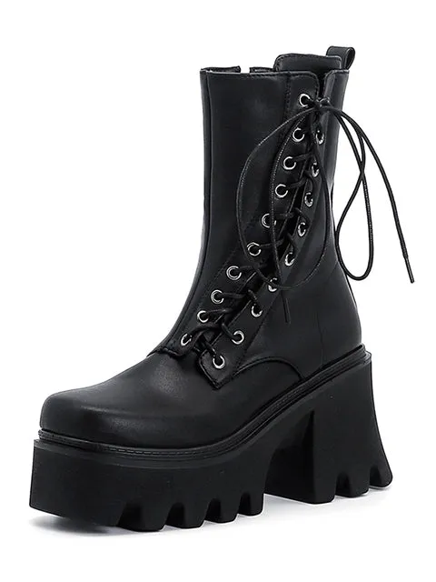 Biker Girl's Boots Women Boots With Zipper Sideway Lace Up Motorcycle High Platform Boots