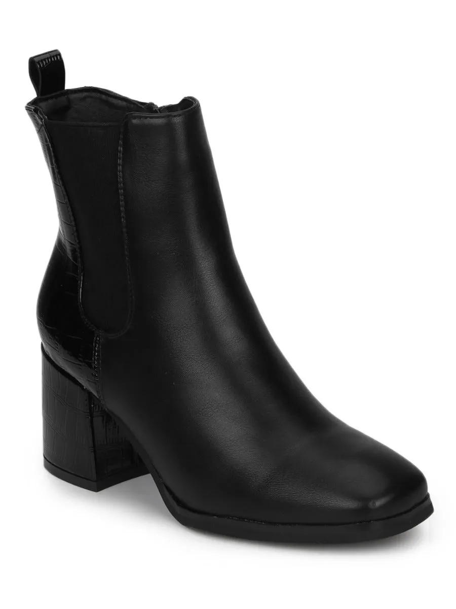 Black Croc PU Slip On Block Heel Ankle Boots