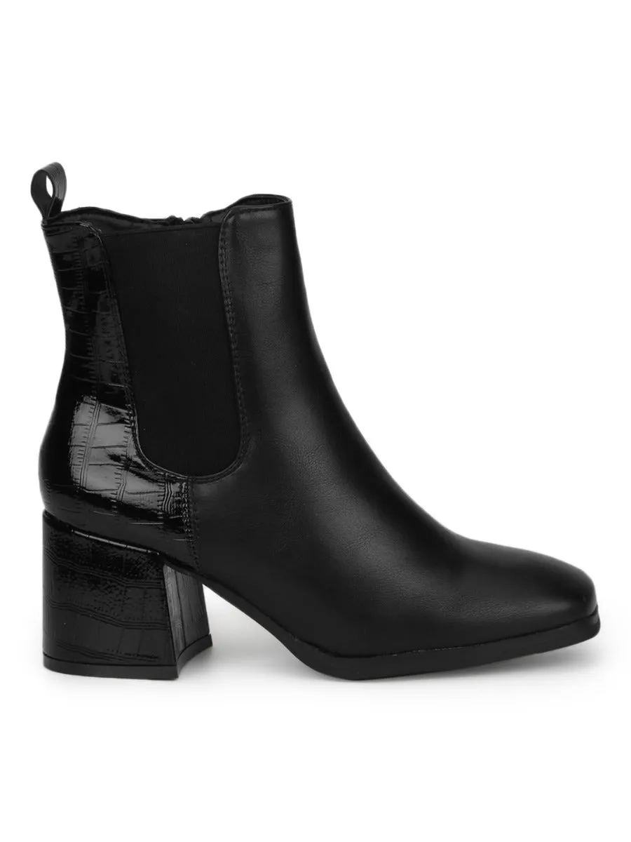 Black Croc PU Slip On Block Heel Ankle Boots