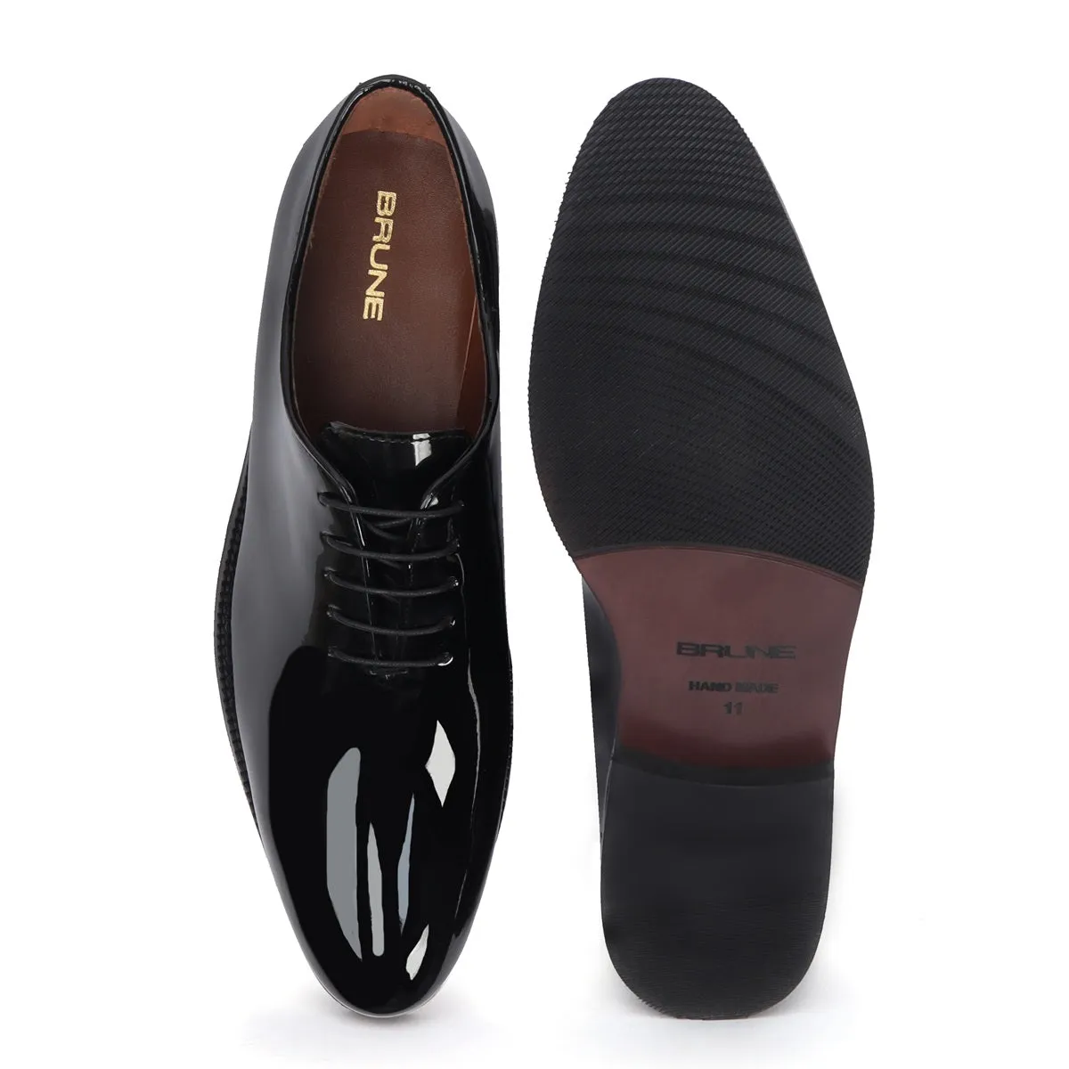 Black Patent Whole Cut/One-Piece Oxford Leather Lace-Up Shoes For Men By Brune & Bareskin