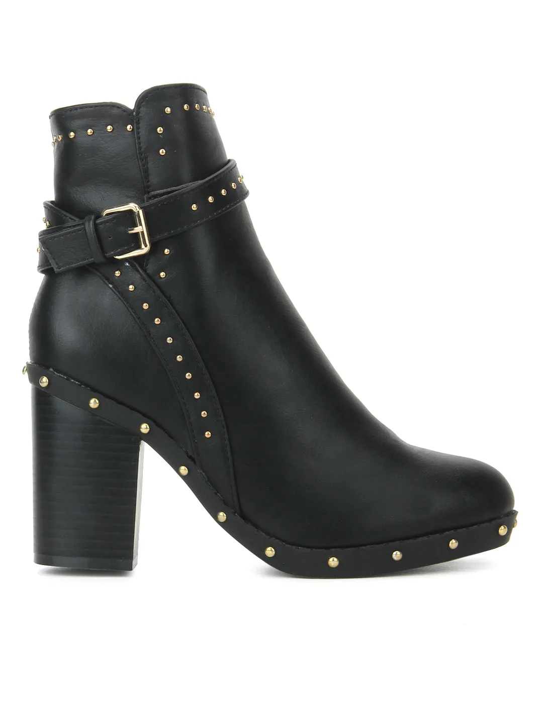 Black Pu Studded Buckle Block Heel Ankle Boots