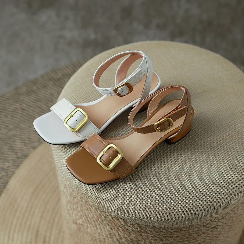 Block Heel Leather sandal Buckle Sandals in Beige/Brown