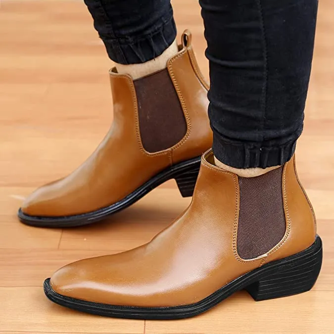 Classy Hight Ankle Height Increasing Tan Chelsea Boots For Men-JonasParamount