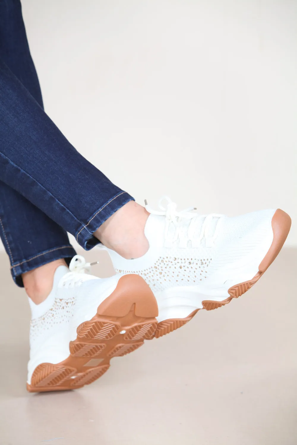 CREAM CHUNK SOLE DIAMANTE DETAIL LACE UP TRAINERS