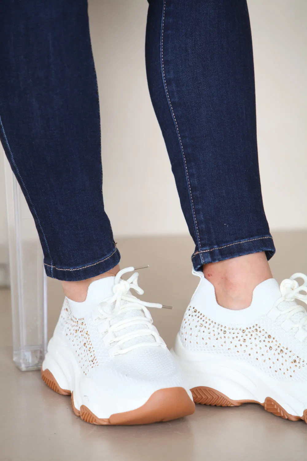 CREAM CHUNK SOLE DIAMANTE DETAIL LACE UP TRAINERS