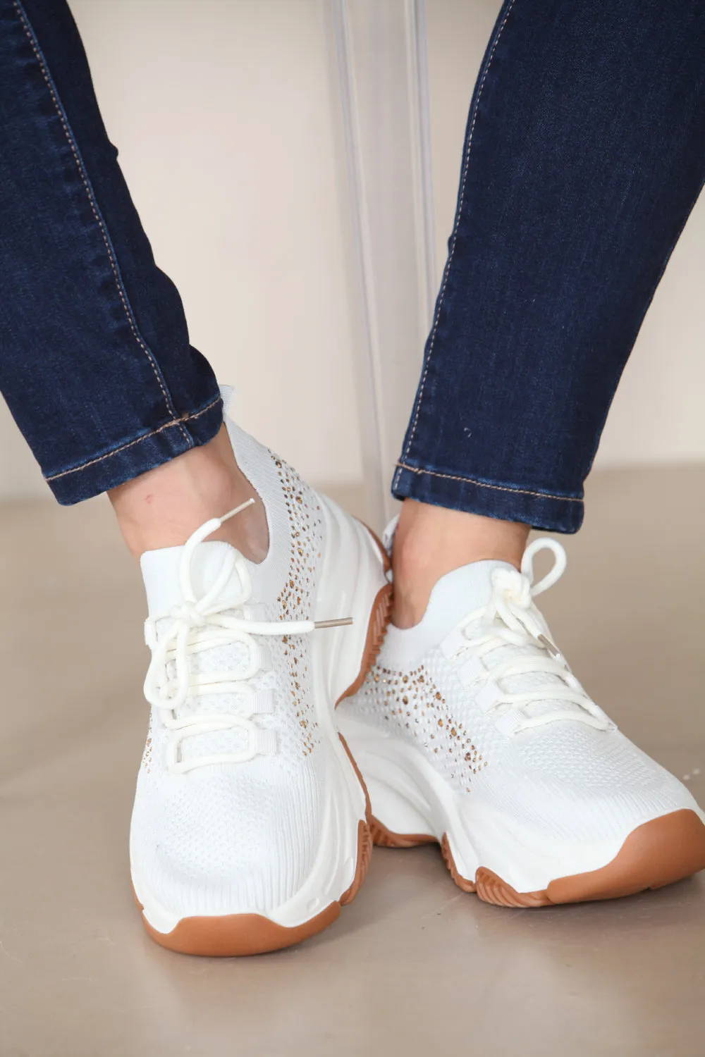 CREAM CHUNK SOLE DIAMANTE DETAIL LACE UP TRAINERS