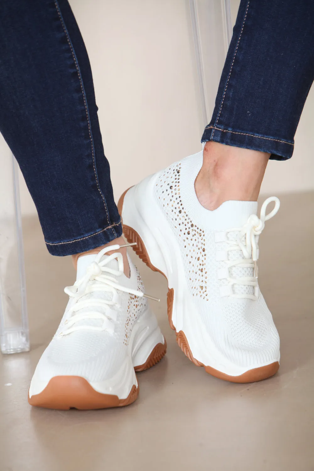 CREAM CHUNK SOLE DIAMANTE DETAIL LACE UP TRAINERS