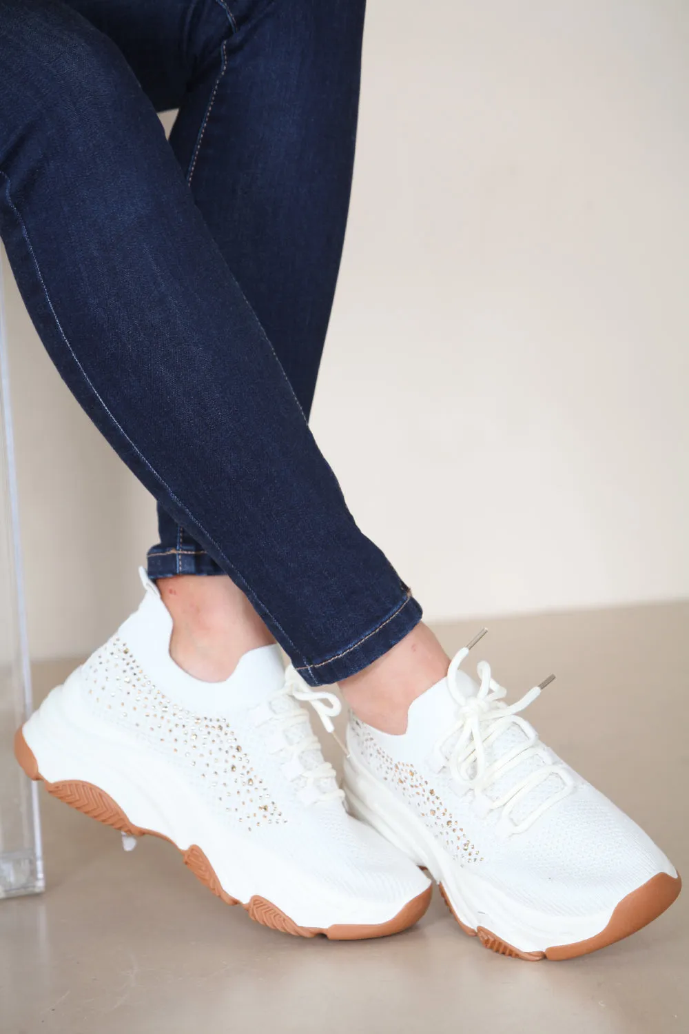 CREAM CHUNK SOLE DIAMANTE DETAIL LACE UP TRAINERS