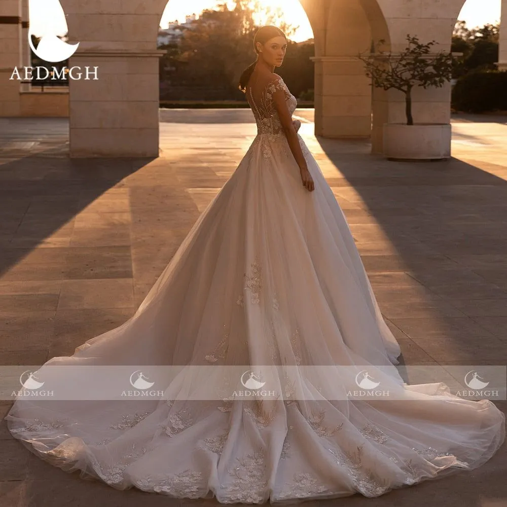 Denisse Ball Gown Wedding Dress Sweetheart Cap Sleeve Court Train Graceful Beading Appliques