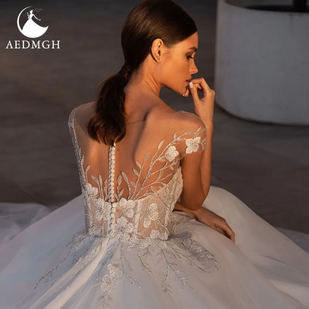 Denisse Ball Gown Wedding Dress Sweetheart Cap Sleeve Court Train Graceful Beading Appliques