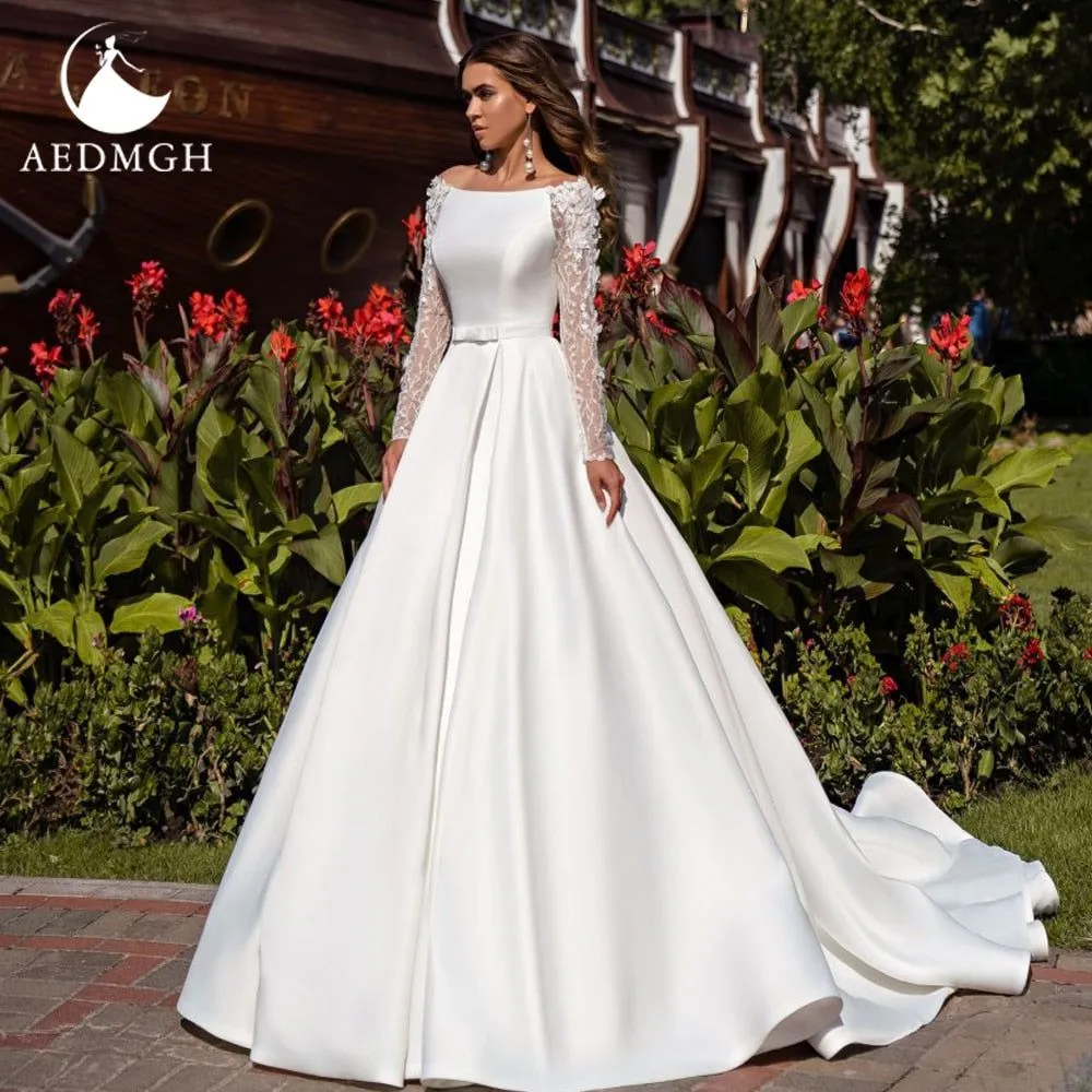 Eloise A-Line Elegant Satin Wedding Dress Lace Beaded Long Sleeve