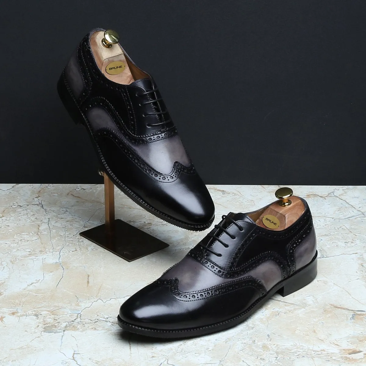 Grey Black Formal Shoe In Dual Tone Punching Brogue Leather Oxford Lace-Up