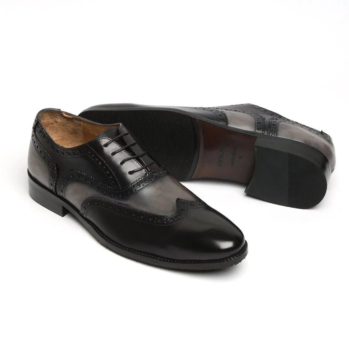 Grey Black Formal Shoe In Dual Tone Punching Brogue Leather Oxford Lace-Up