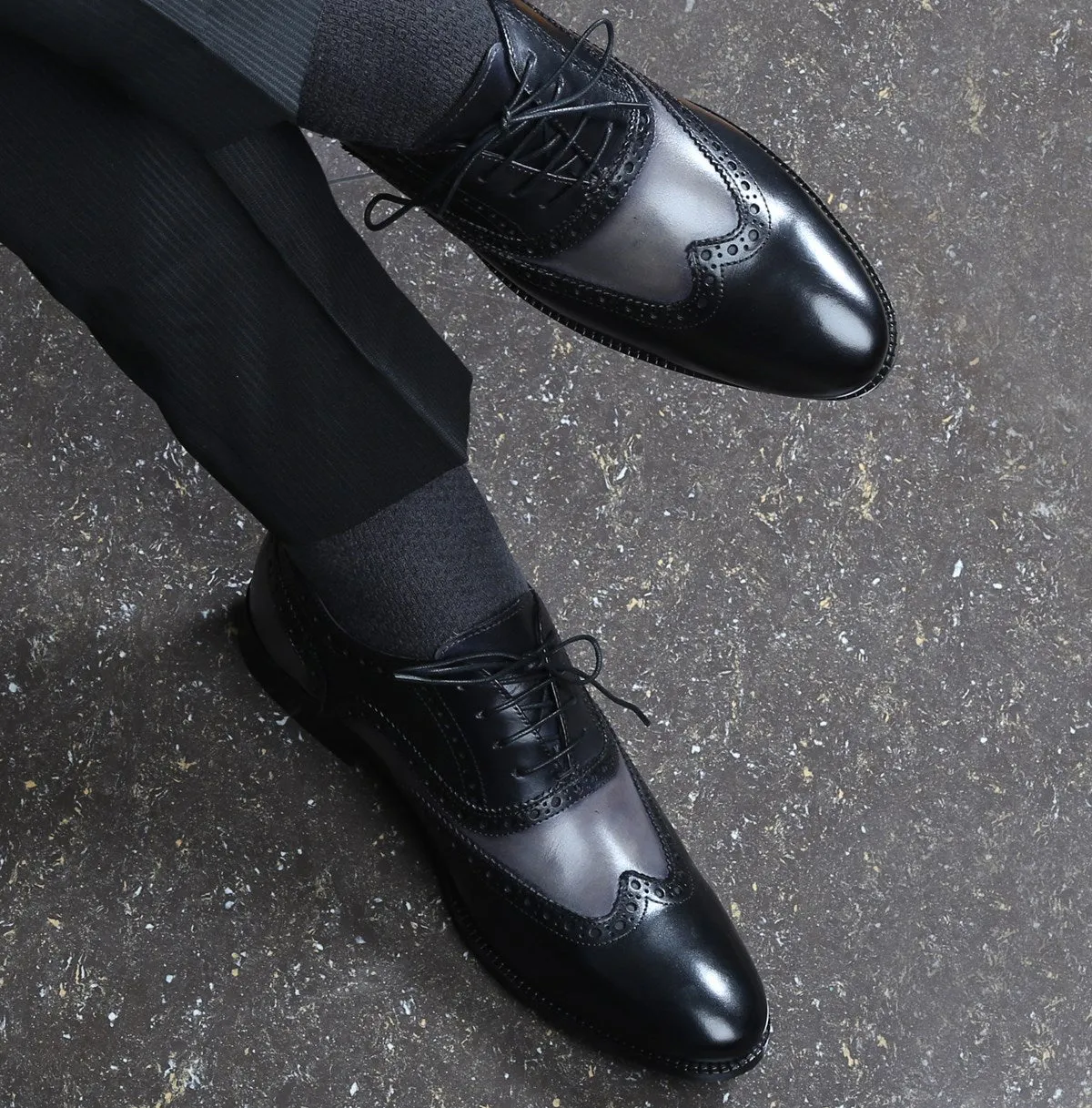 Grey Black Formal Shoe In Dual Tone Punching Brogue Leather Oxford Lace-Up