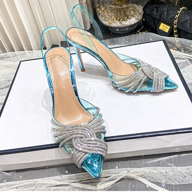 Hnzxzm European and American new high heels transparent pointed rhinestone fashion shoes