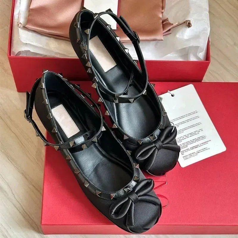 Hnzxzm Family Riveted Satin Ballet Shoes Female New Bow French Single Shoes Flat Bottom Mary Jane Princess Shoes