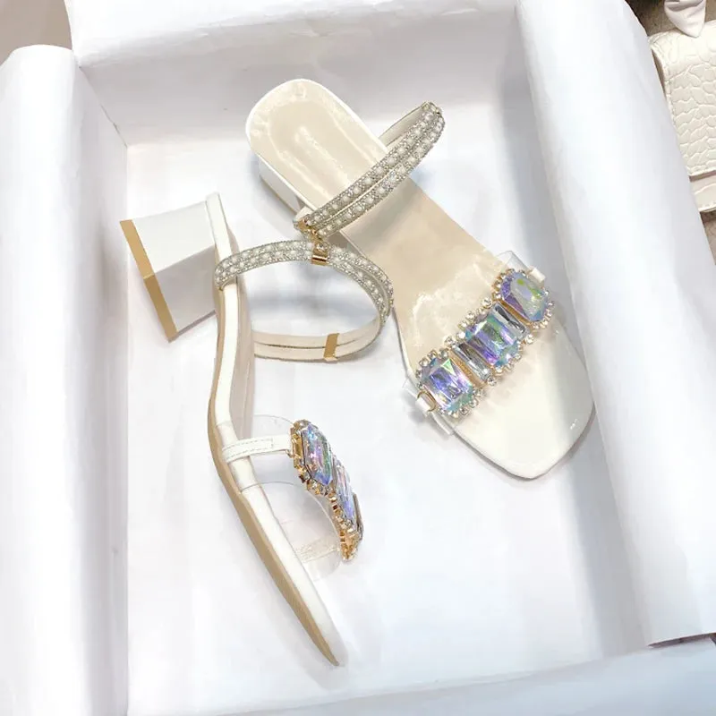 Hnzxzm Fashion Rhinestone Sandals for Women Summer Square Heels Open Toe Slippers Woman Transparent PVC Jelly Sandals