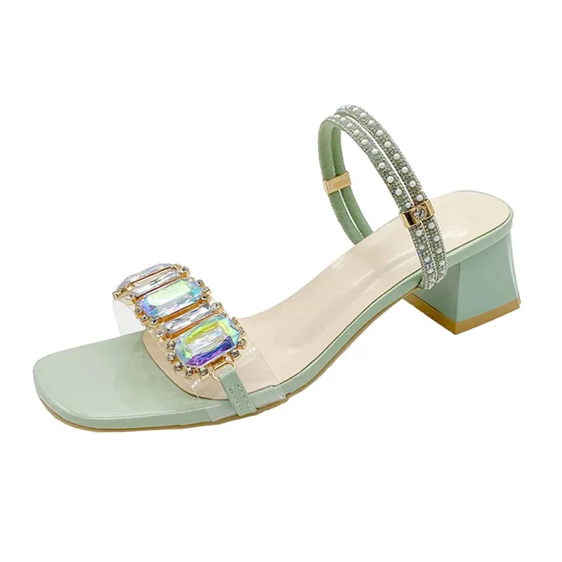 Hnzxzm Fashion Rhinestone Sandals for Women Summer Square Heels Open Toe Slippers Woman Transparent PVC Jelly Sandals