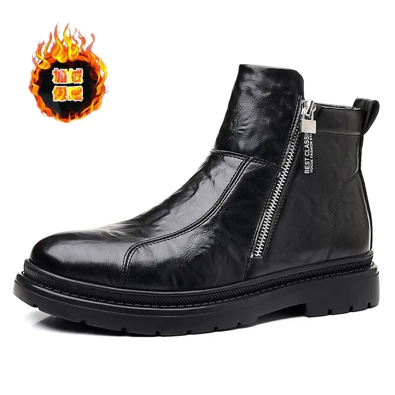 Hnzxzm Male Luxury Quality Toe Ankle Boots Mens Zipper Platform Motorcycle Boots Genuine Leather Short Boots Fashion Streetwear