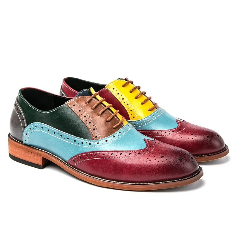 Hnzxzm Men Elegant Brogues PU Multicolor Round Toe Carved Lace Up Fashion Classic Business Casual Wedding Party Daily Dress Shoes