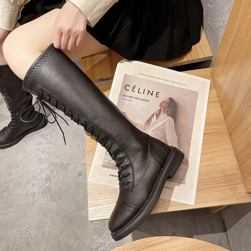 Hnzxzm Thick-soled Stretch Leather High Boots New Motorcycle Boots Women 2024 Autumn and Winter Long Boots Chelsea Women's Autumn Shoes