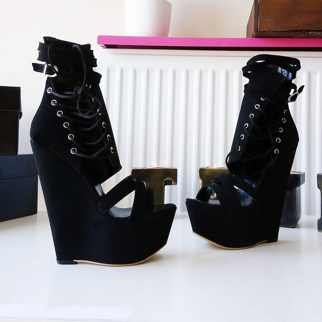 Lace Up Black  High Heel Wedge Shoes