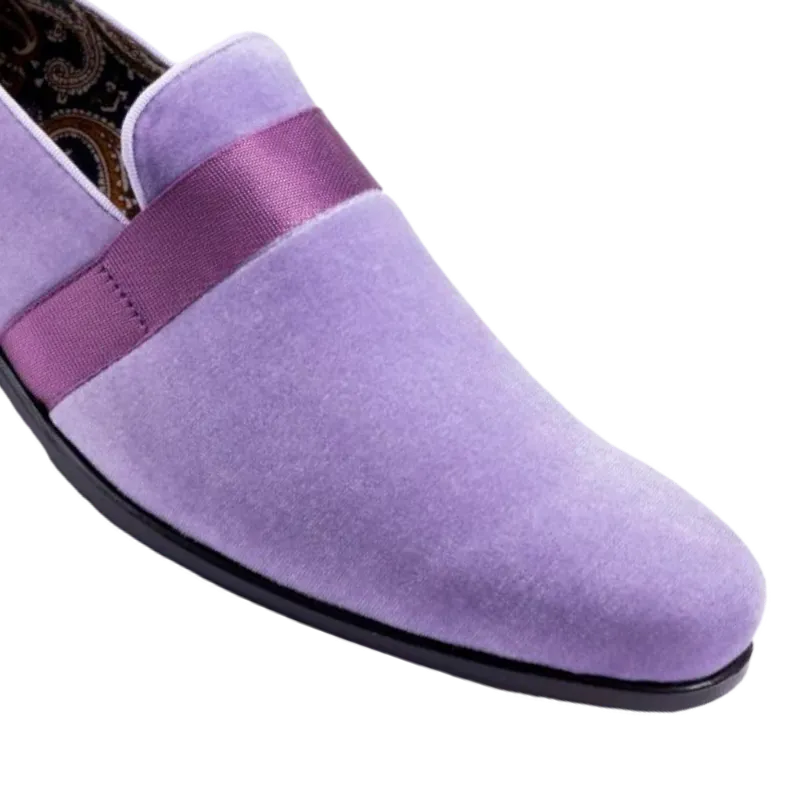 Lavender Velvet Men's Shoe Slip-on with a Satin Ribbon Tuxedo Loafers