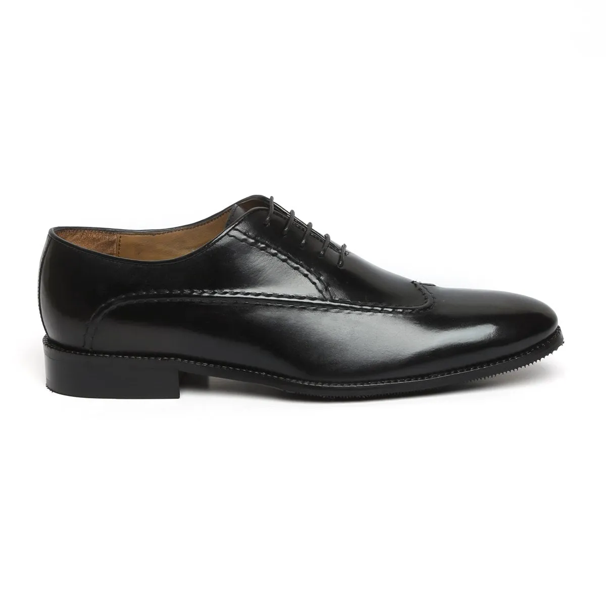 Long Stitched Lines Design Black Leather Oxford Lace-Up Shoe