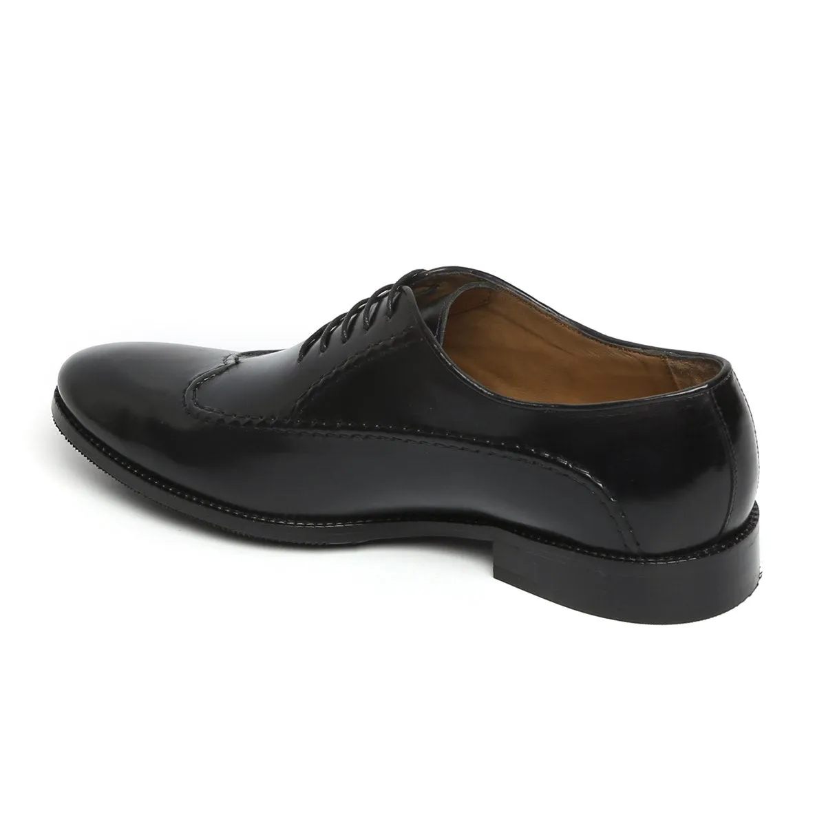 Long Stitched Lines Design Black Leather Oxford Lace-Up Shoe