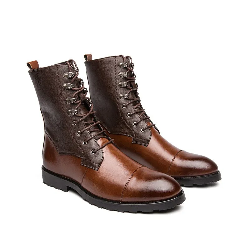 Men Short Boots Brown PU Round Head Low Heel Wing Tip Lace Up Fashion Versatile Casual Street Outdoor Daily Dress Shoes