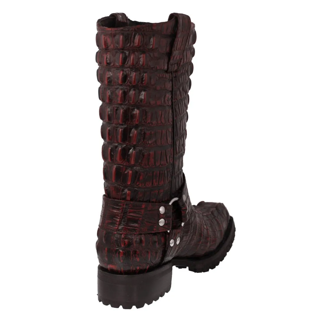 Mens Black Cherry Motorcycle Boots Crocodile Tail Print - Square Toe