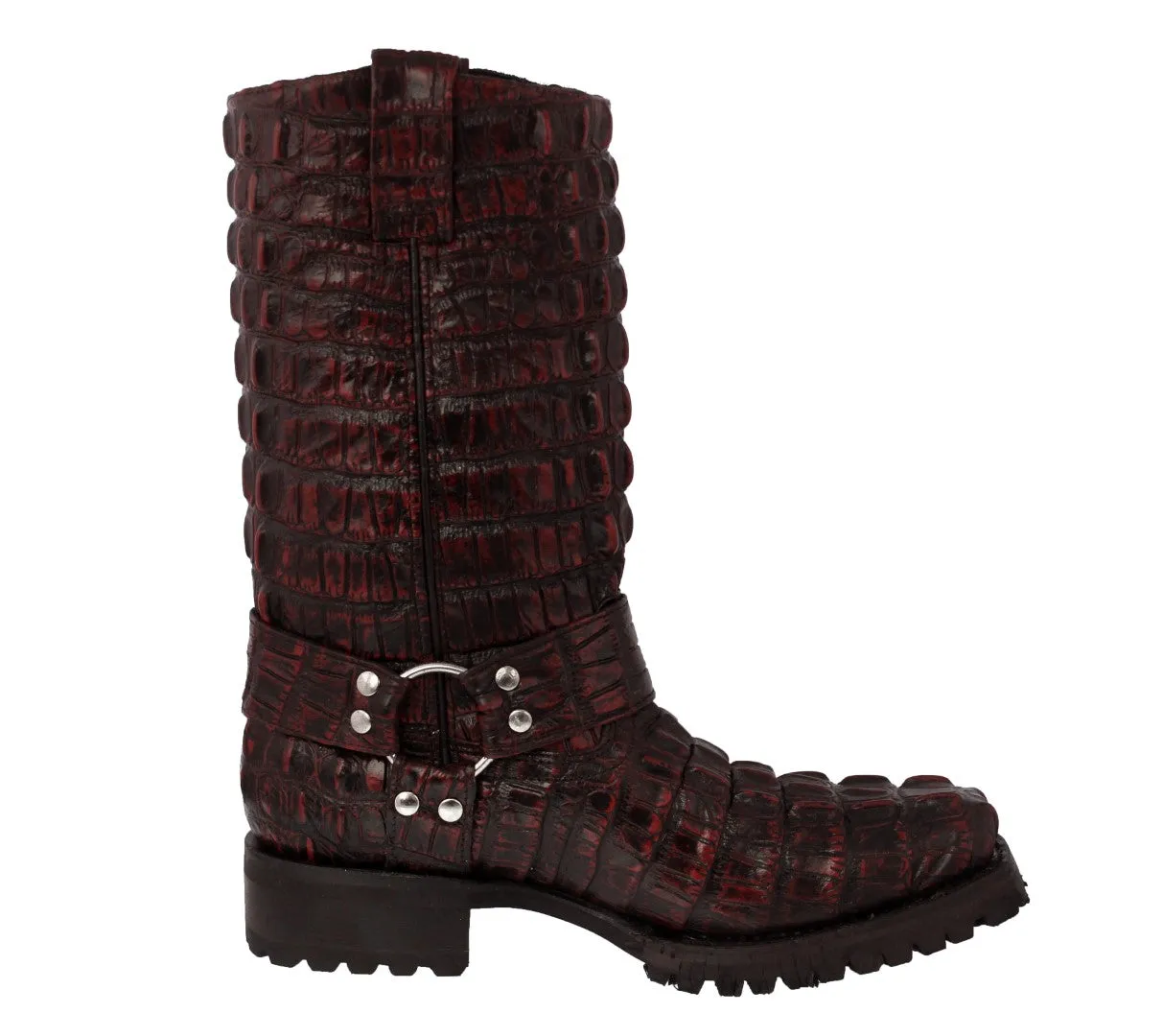 Mens Black Cherry Motorcycle Boots Crocodile Tail Print - Square Toe