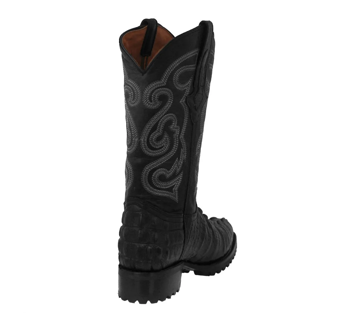 Mens Black Motorcycle Boots Crocodile Tail Print - Round Toe