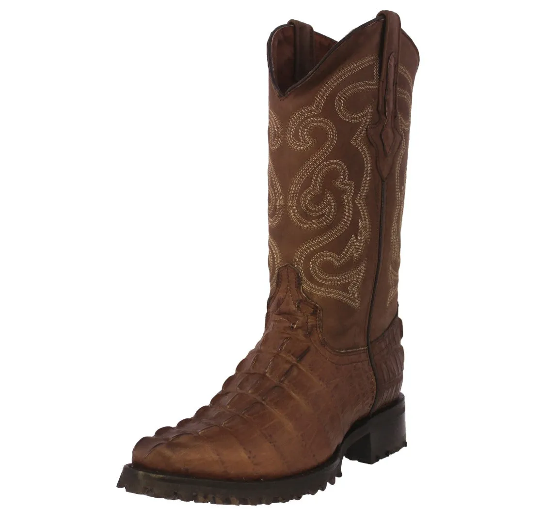 Mens Brown Motorcycle Boots Crocodile Tail Print - J Toe