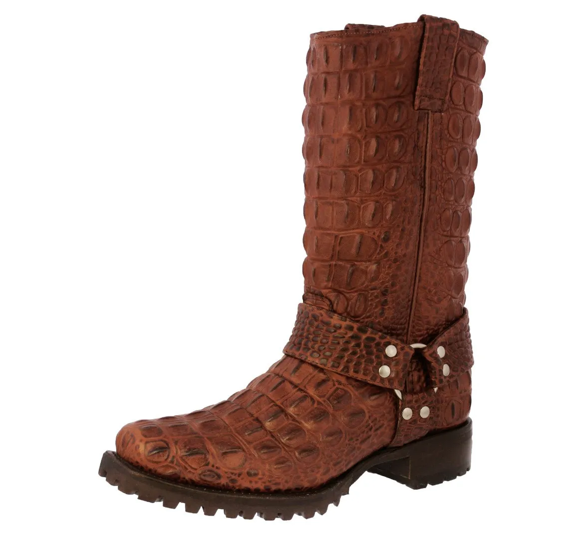 Mens Cognac Motorcycle Boots Crocodile Back Print - Square Toe