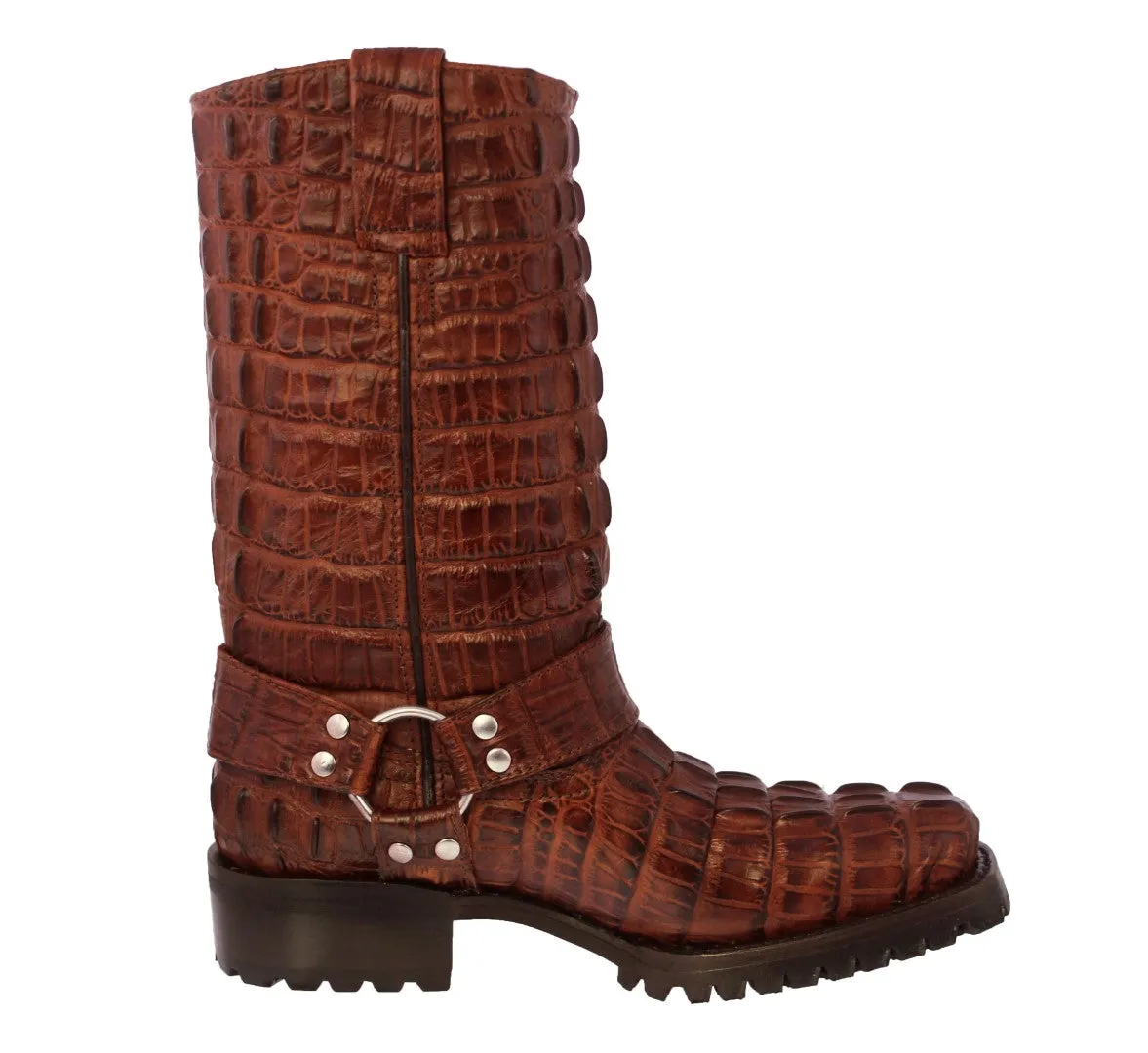 Mens Cognac Motorcycle Boots Crocodile Tail Print - Square Toe