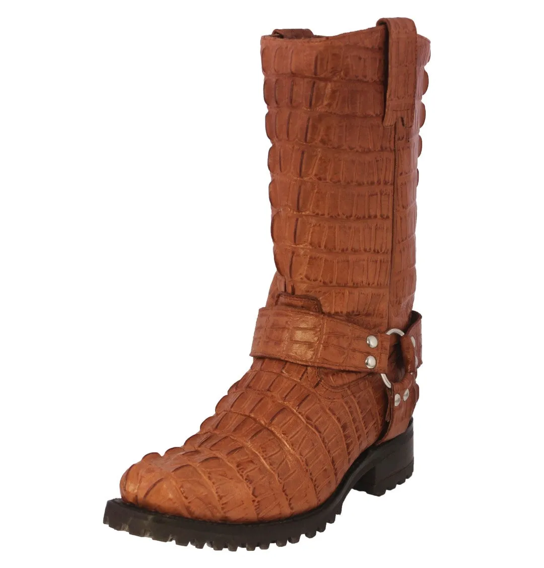 Mens Cognac Motorcycle Boots Crocodile Tail Print - Square Toe