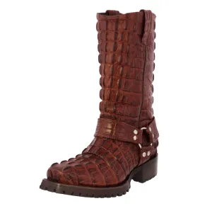 Mens Cognac Motorcycle Boots Crocodile Tail Print - Square Toe