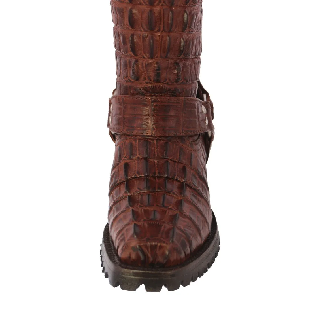 Mens Cognac Motorcycle Boots Crocodile Tail Print - Square Toe