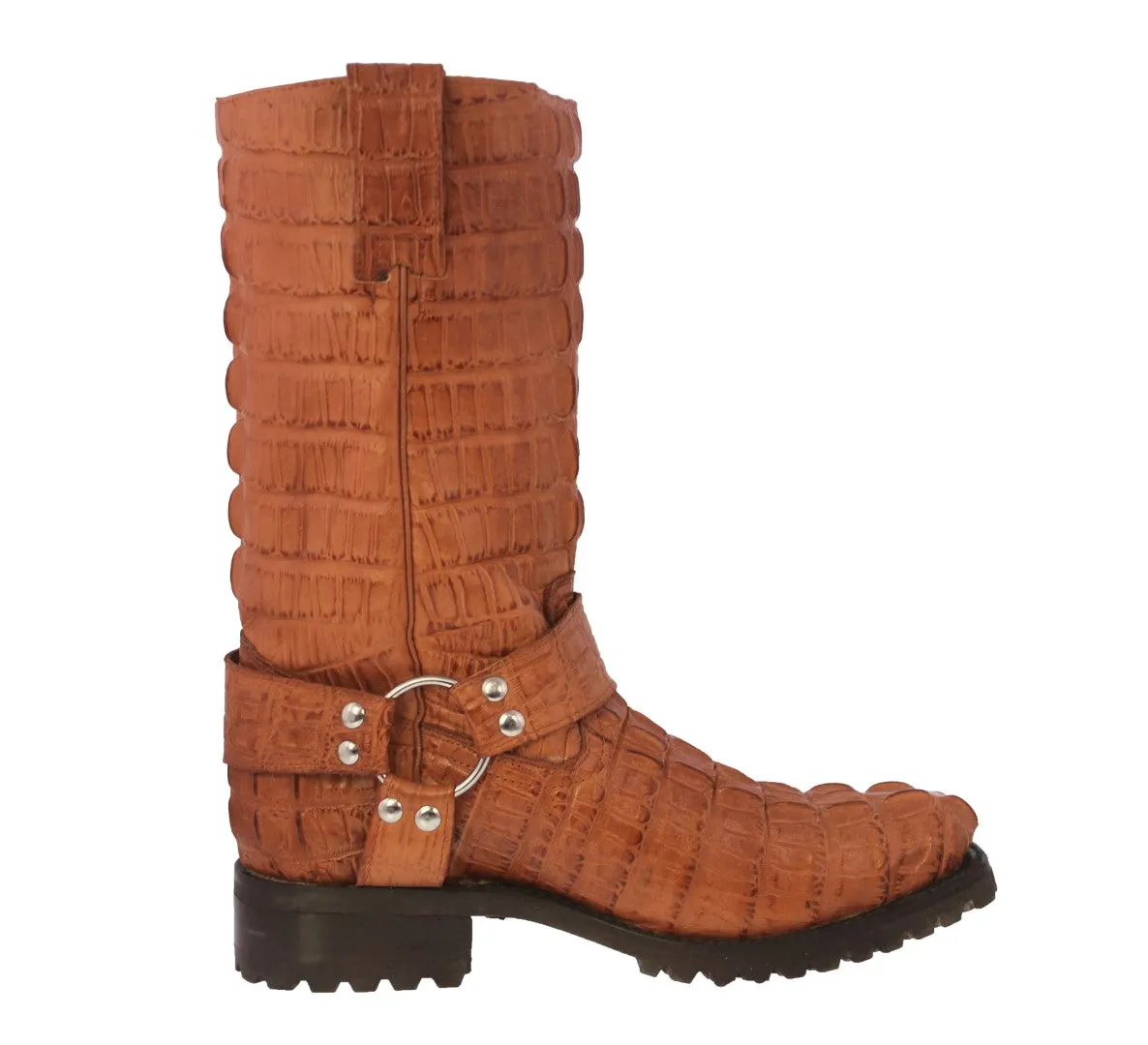 Mens Cognac Motorcycle Boots Crocodile Tail Print - Square Toe