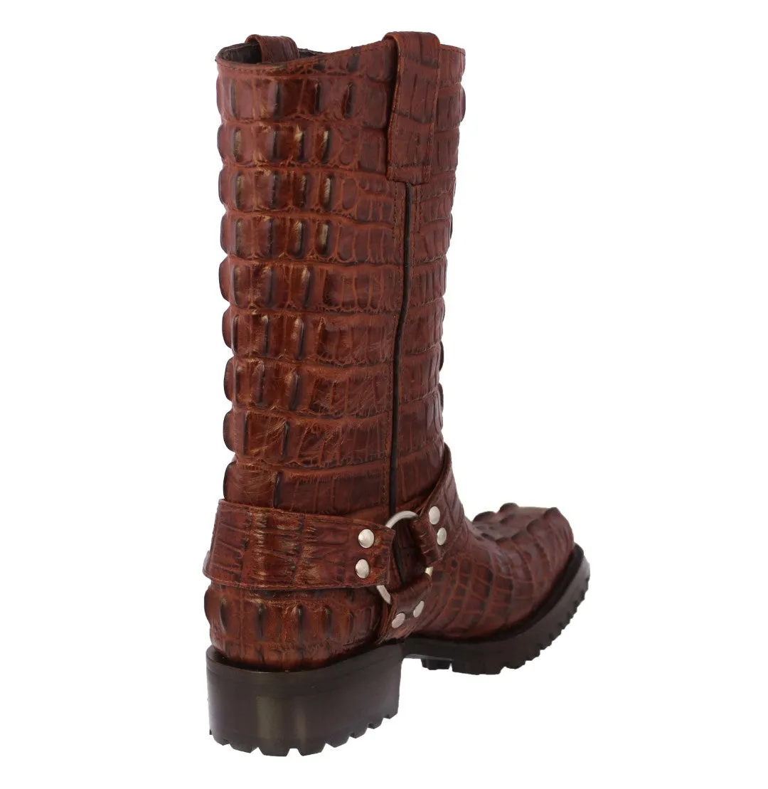 Mens Cognac Motorcycle Boots Crocodile Tail Print - Square Toe