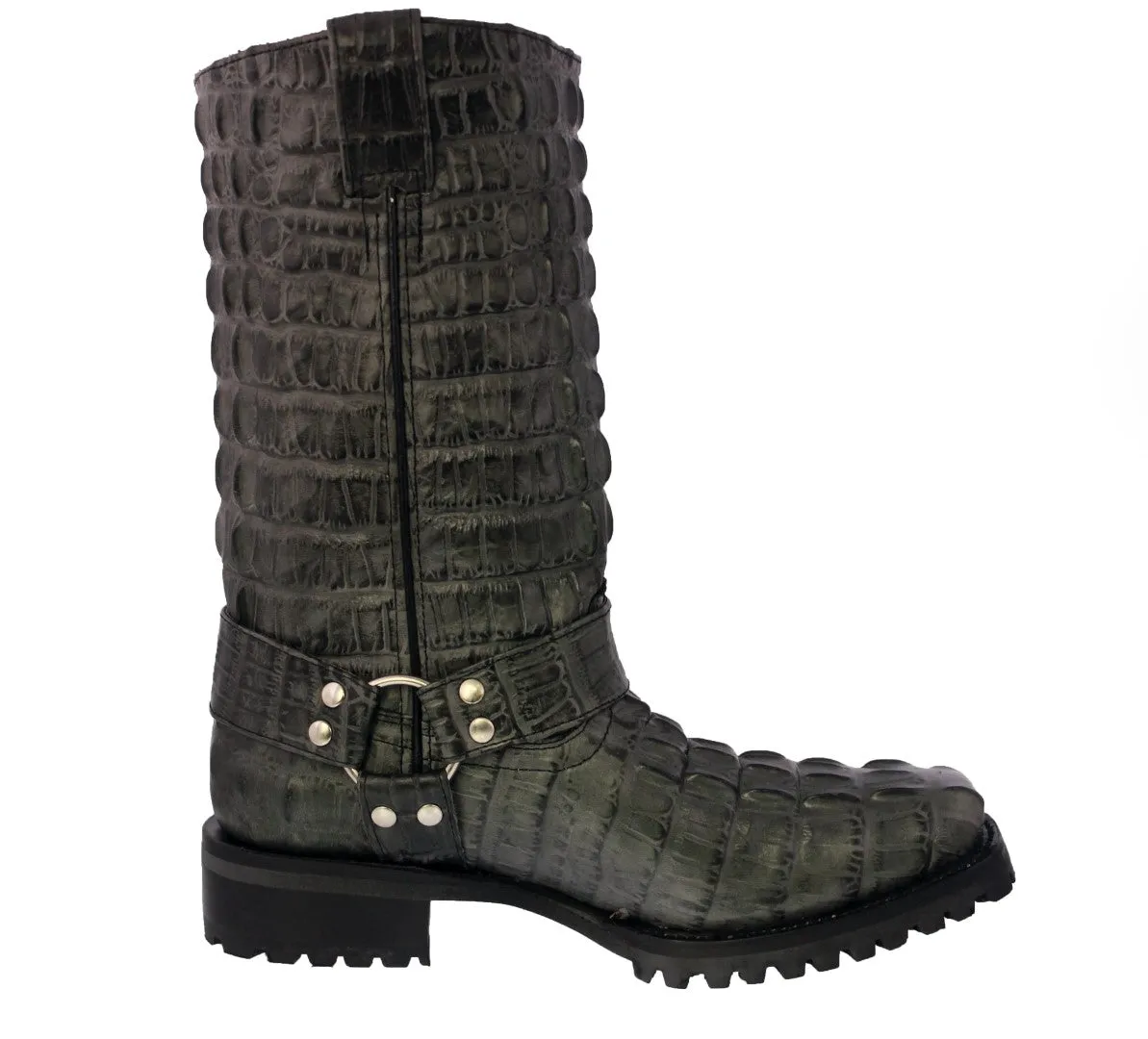 Mens Gray Motorcycle Boots Crocodile Tail Print - Square Toe