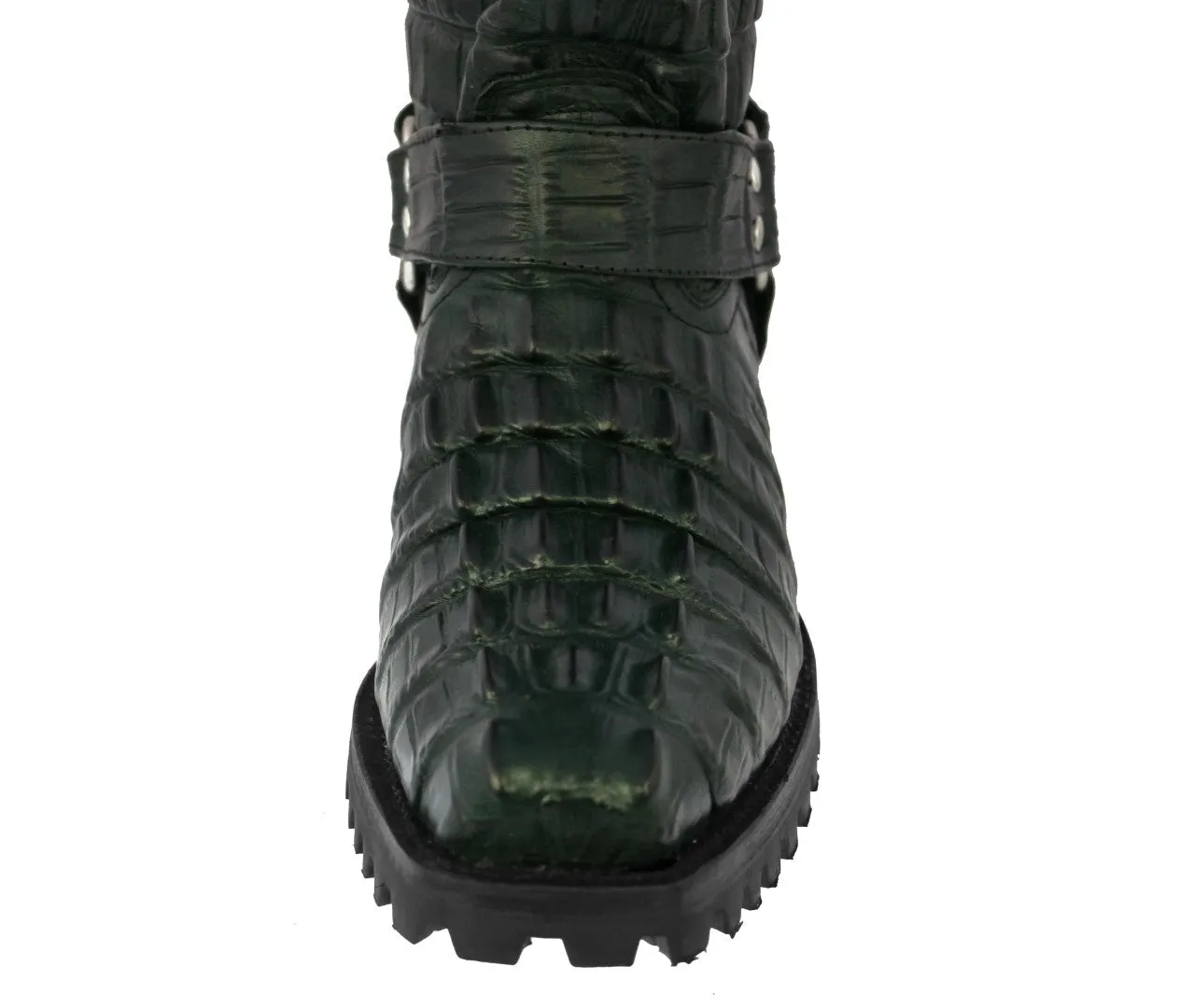 Mens Green Motorcycle Boots Crocodile Tail Print - Square Toe