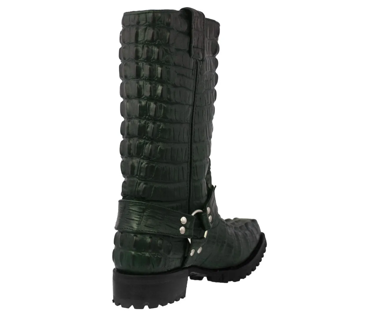 Mens Green Motorcycle Boots Crocodile Tail Print - Square Toe